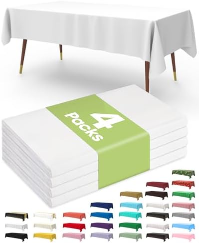 Pureegg Plastic Table Cloth Disposable - 4 Packs, Table Cloths for Rectangular Table, 54"x108" Decorative Tablecloth for Parties, Picnics, Camping, Waterproof & Stain-Resistant, White