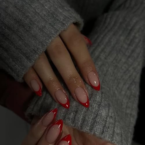 30Pcs Red French Tip Press on Nails Short Almond Nails Press ons, Short Fake Nails Almond Shaped Acrylic French Glue on Nails Nail for Women, Natural Stiletto Nail 15 Sizes