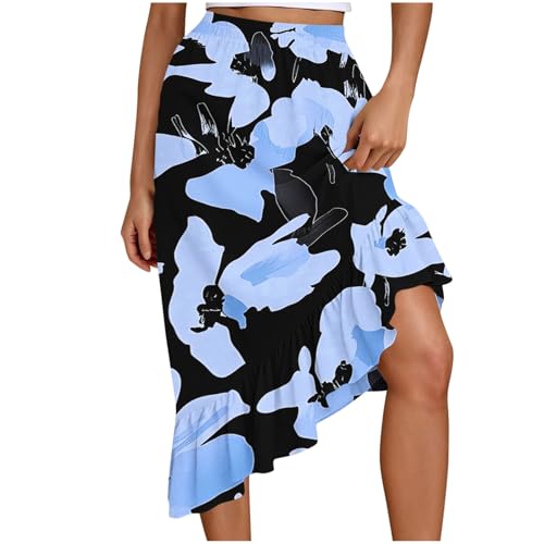 Women's Fashion Print A-Line Skirt, High Waist Ruched Irregular Ruffle Hem Skirts Beach Party Casual Clothes