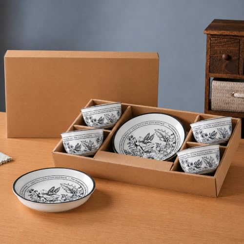 Image of 6-Piece Ceramic Dinner Set, 2 Plates & 4 Bowls, Microwave Safe, Dishwasher Safe, Floral Dinnerware (Grey + White Floral, 2 Plate & 4 Bowl Set)