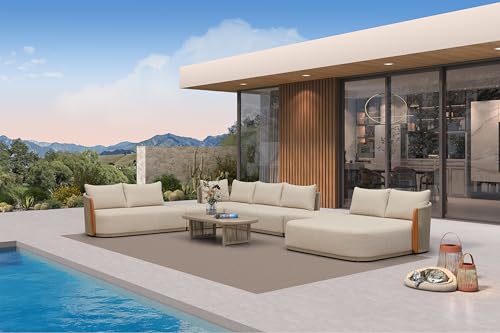PURPLE LEAF Patio Conversation Sets, 7-Piece L-Shaped Patio Furniture Set with Genuine Teak, Olefin Fabric & 9" Thick Backrest& Aluminum Rope Coffee Table - Luxury Outdoor Sectional Sofa