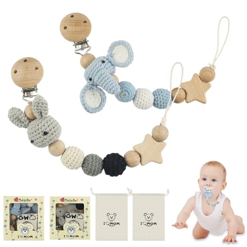 Chupetero para Bebe, Cadena para Chupete para Niños y Niñas, Pinza Chupetero de Madera, sin BPA, Diseño de Conejo, Regalo para Bautizo Bebé