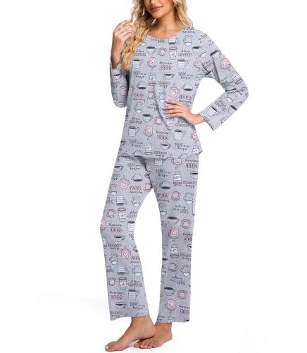 Image of ENJOYNIGHT Womens Pajama Set Cotton Pjs Long Sleeve Sleepwear with Pockets | Two Piece Crew Neck Sleep Set, Elastic Waist Long Pant, Lightweight Loungewear