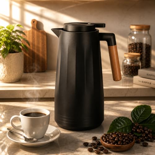 Garrafa Térmica 1L Café Chá- Preto com Cabo de Madeira - Mesa Posta Premium - Ideal Para Bebidas Quentes Anti Vazamentos