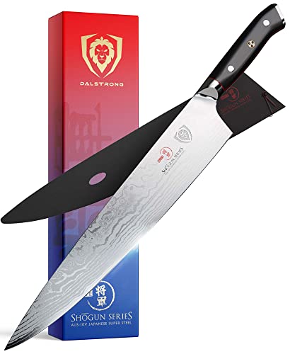 DALSTRONG Cuchillo de chef - 12 pulgadas - Shogun Series ELITE - Damasco - Cuchillo de cocina japonés AUS-10V Super Steel - Mango negro - Cuchillo afilado - con funda Cover