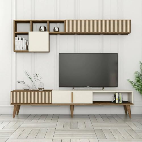 Dmora - Parete attrezzata Kepler, Composizione Soggiorno, Mobile Salotto Multiuso, Armadio Porta TV, 180x35 h40 cm, Noce e Crema