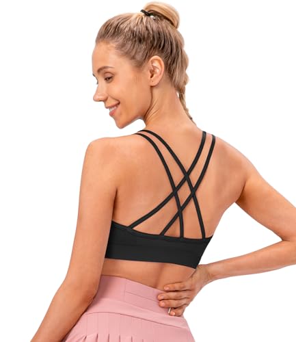Image of VEQKING Strappy Cross Back Women Sports Bra Pack for Medium Support Workout | Removable Padded Cups, Spaghetti Strap, Comfort Seamless Wirefree, Soft Breathable Fabric, for Gym /Yoga /Pilates /Walking /Daily