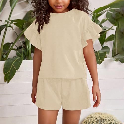 2 Piece Outfits Girls Summer Clothing Set Ruffle Short Sleeve Tops and Shorts Lounge Set Comfy Pajamas Set Size 3-15Y2