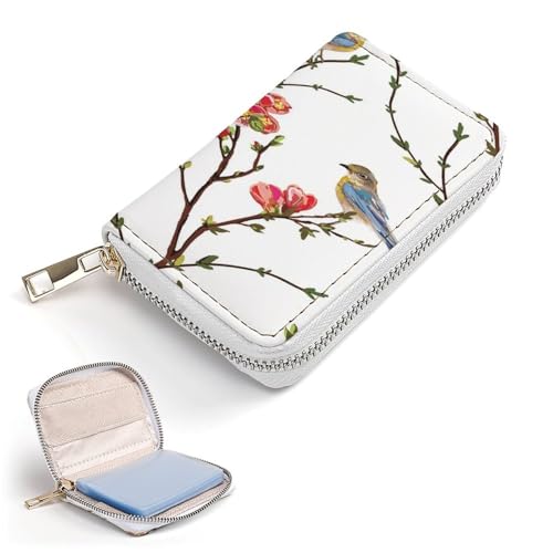 Women Leather Coin wallet, Key Change Organizer Zipper Card Holder Purse Clutch Pouch Pocket 4.5x3.15 in Print Spring Tree Branches Red flowers Green Leaves Birds2