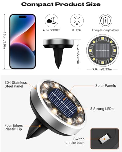 btfarm 10 Stück Solar Bodenleuchten Aussen, 8 LED Gartenbeleuchtung Solar Wasserdicht Boden Solarleuchten, Solarlampen für Außen Garten Rasen Auffahrt Gehweg Patio, Warmes Weiß 6