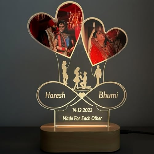 Image of Personalized 3D Illusion Photo Night LED Lamp Gift for Bithday,Anniversary, Wedding, Marriage, Valentine Day- Engrave Wooden Base-Warm White-22Cm