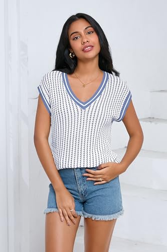 Image of SAUKOLE Women's Sweater Vest Casual V Neck Cap Sleeve Knit Pullover Tops | 2026 Spring Clothes, Soft Knit Shirts, Short Sleeves T-shirts, Tunic Blouses, Sweater Tank Tops