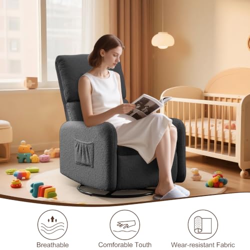 Image of Korser Recliner Chair, Nursery Rocker Chair with Side Pockets, Small Recliners for Small Spaces, Swivel Rocker Recliner Chair for Adults, Sherpa Swivel Accent Chairs for Living Room, Nursing