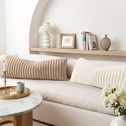 Image of decorUhome Fall Cozy Faux Fur Throw Pillow Covers 14x36 Pack of 1 Decorative Soft Plush Striped Lumbar Modern Farmhouse Boho Couch Pillow Cases with Velvet Back for Sofa Bed Living Room, Cream White
