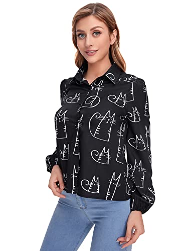 Sweatyrocks Women's Long Sleeve Button Down Shirt Satin Graphic Print Blouse Top Pure Black L #TOP3