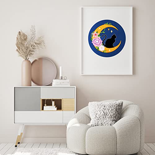 Image of Louise Maelys Cat Moon Embroidery Kit for Beginners Floral DIY Craft Set | Cross Stitch Kits with Cat Moon Floral Design, Includes Hoop, Threads, Needles and Guide. Needlepoint Kit for Adults DIY