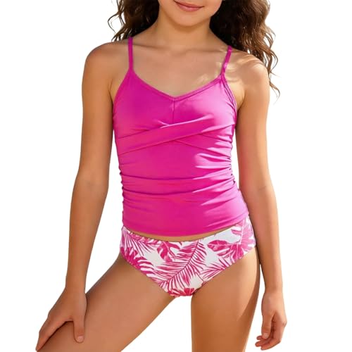 Generisch 2026 Maillot de bain 2 pièces pour fille avec fronces et fleurs, Rose, 15-16 ans