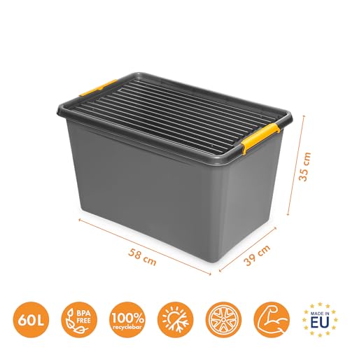 Kreher Aufbewahrungsbox mit Deckel und Rollen (60 L) - Plastikbox mit Deckel, Ordnungsboxen, Kunststoffbox mit Deckel, Aufbewahrungsbehälter ist Nässe-geschützt und in robuster Ausführung!