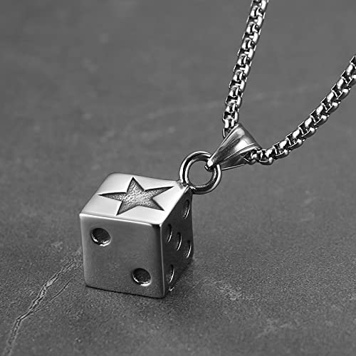 HZMAN Men's Dice Necklace, Stainless Steel Gothic Bar Pendant, Lucky Jewelry 22+2 Inch Box Chain (Silver)4