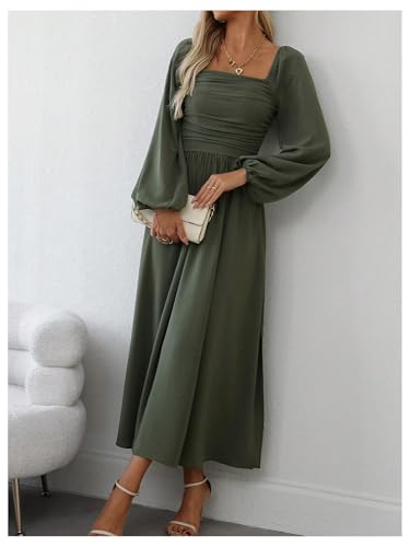 Floerns Women's Square Neck Lantern Long Sleeve Dress Split Ruched Party Midi Dresses3