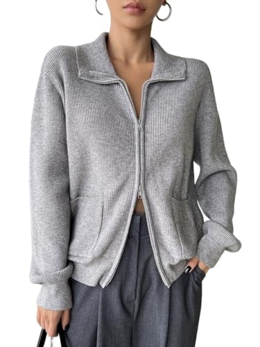 Womens Cardigan Zipper Double Pocket Drop Shoulder Cardigan Casual