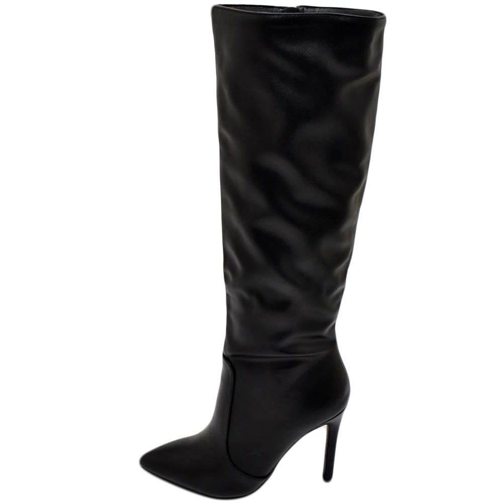 Stivali Alti Donna al Ginocchio in Pelle Nero a Punta Tacco a Spillo 12 cm Zip Lunga Aderente Moda Linea Basic
