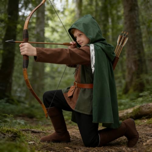 Image of Akokvlar 8 Pcs Medieval Archer Costume for Boys Renaissance Kids Hunter Costume with Cape