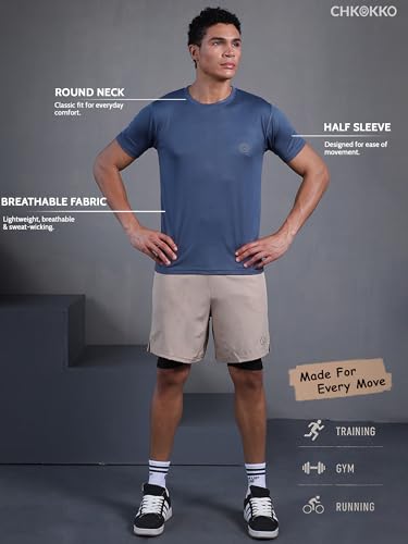 Image of CHKOKKO Gym T Shirts for Men Workout Activewear Solid Quick Dry Sports Tshirt for man Breathable Lightweight Half Sleeve Regular Fit Round Neck Running Boys T Shirt
