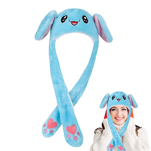 TSLBW Peluche Chapeau de Lapin Drôle avec Oreille Mobile, Chapeau d'oreille d'animal en Peluche, Bonnet d'animal de Lapin Mignon pour Femmes Filles Habiller Cosplay Costume Cadeaux de Fête Bleu Cover