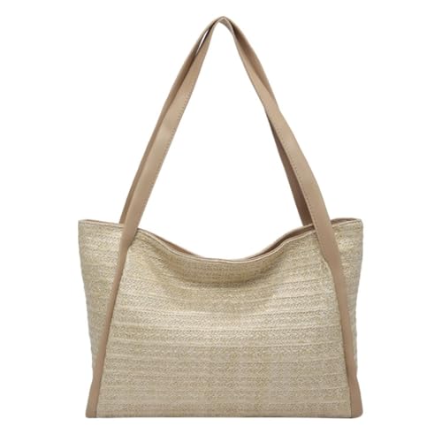 Beimus Bolso de hombro para mujer, bolso de hombro tejido de paja de piel sintética con asa superior, gran capacidad, para vacaciones y compras, Khaki
