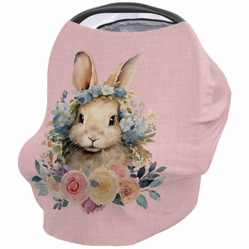 Nursing Cover for Breastfeeding Scarf, Easter Pink Bunny Rose Leaves Baby Car Covers Super Soft Multi Use for Canopy Shopping Cart Cover Blanket Stroller Cover