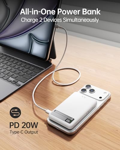 Image of iWALK Magnetic Wireless Power Bank 10000mAh, Slim Portable Charger with 20W PD Cable Fast Charging, Metal Kickstand, LED Display, MagSafe Compatible Battery Pack for iPhone 17 /16 /15 /14 /13 /12 Series