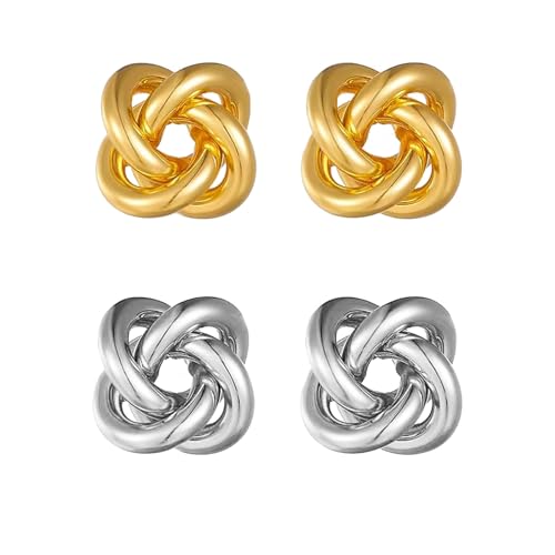 2 Pairs Love Knot Earrings for Women Gold Silver Knot Stud Earrings Statement Stud Earrings...