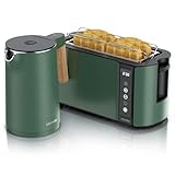 Arendo - Küchen Set - Edelstahl Wasserkocher mit Temperatureinstellung - Edelstahl Toaster Langschlitz 4 Scheiben Touchpanel – LED Display – Brötchenhalter - GS - grün