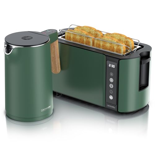 Arendo - Küchen Set - Edelstahl Wasserkocher mit Temperatureinstellung - Edelstahl Toaster Langschlitz 4 Scheiben Touchpanel – LED Display – Brötchenhalter - GS - grün
