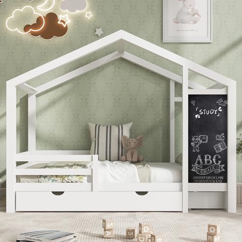 Merax Full Size House Bed with Blackboard, Full Bed Frame with 2 Storage Drawers, Wood Slat Support, No Box Spring Needed, White