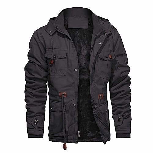 CHEXPEL Men's Thick Winter Jackets with Hood Fleece Lining Cotton Military Jackets Work Coats with Cargo Pockets Gray M