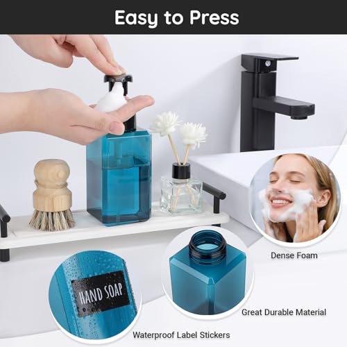 Image of Segbeauty Plastic Square Foam Pump Bottle Refillable 15.2oz, 2pcs Empty Foaming Soap Dispenser Bathroom, Blue Foaming Pump Bottles with Label Stickers, Refillable Foam Soap Dispenser for Kitchen 450ml