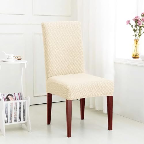 Image of House of Quirk Elastic Jacquard Chair Cover Stretch Removable Washable Short Dining Chair Cover Protector Seat Slipcover (Pack of 1, Cream)