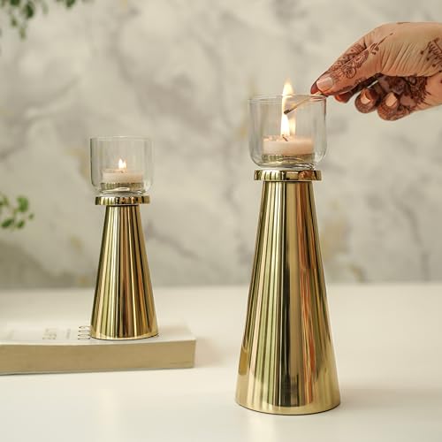 Image of Behoma Handcrafted Gold Tea Light Candle Holders Pack of 5 Sets | Premium Metal & Glass Candle Stand Set | Decorative Table Centerpiece for Home Decor, Diwali, Wedding & Housewarming