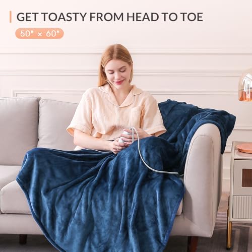 Image of HOMLYNS LuxeHeat Heated Blanket Electric Blanket, Soft Flannel Sherpa Heated Throw, Heating Blanket with 5 Heat Settings, 3 hrs Timer Auto Shut Off (50x60 inches, Navy), Only for 120V Voltage Use