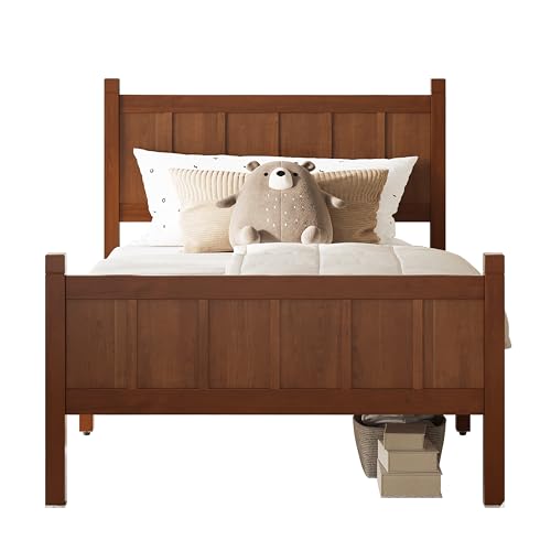 Image of Twin Size Vintage Bed Frame with Headboard, Farmhouse Wooden Platform Bed with Under-Bed Storage, Minimalist Modern Wood Grain Finish Bedframe for Bedroom (Dark Walnut)