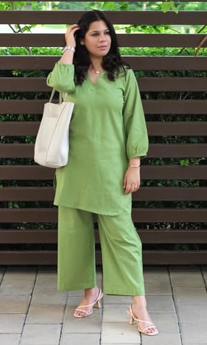 Image of Femezone Women Cotton slub Co-ord Kurta and Pant Set (FEM22230610-01-Vcord)
