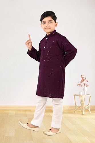 Image of Traditiona Kurta with White Pajama Set, Kids Ethnic Wear, Cotton Blend