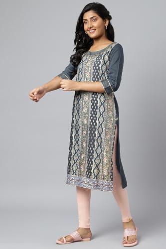 Image of Aurelia Women's Polyester Regular Fit Floral Print Viscose Blend Regular Kurta