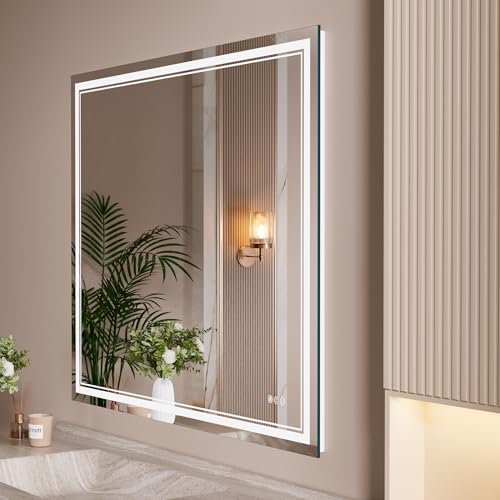 Image of WTTY LED Bathroom Mirror 31.5 inchx48 inch with Back and Front Light,Modern LED Mirror for Bathroom,Dimmable Lighted Bathroom Vanity Mirror with Anti-Fog,Memory Function,Shatter-Proof,Wall Mounted