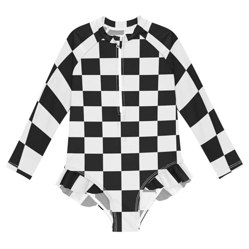 Girls One Piece Swimsuits Long Sleeve Swimsuit Zipper Bathing Suits White Black Buffalo Plaid Checked