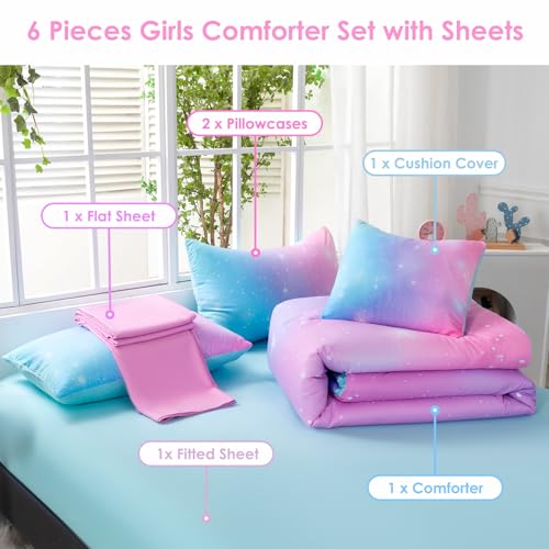 Image of 6 Pcs Girls Twin Comforter Set with Sheets Colorful Rainbow Pink Blue Ombre Kids Bedding Sets Tie Dye Galaxy Glitter Bed in A Bag for Bedroom (Pink Blue, Twin)