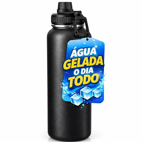 Garrafa Térmica para Água 1L em Aço Inox com Isolamento a Vácuo, Mantém Água Gelada por até 12 horas (Preta)