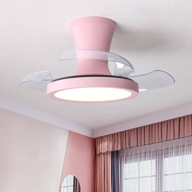 LJX 60 cm Bladeless Ceiling Fan with Children's Light, 6 Speeds DC Motor Silent Timer Retractable Blades Lamp Fan Girls for Children's Bedroom Kitchen, Pink